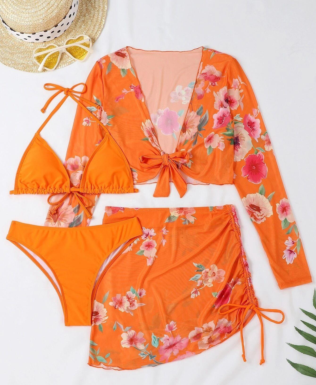 Four Piece Swimsuit Sexy Split Printed Mesh Long Sleeve Swimsuit High Profile Figure Bella Mia